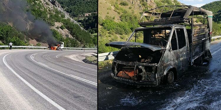 Giresun'da talihsiz sürücü yanan aracı böyle izledi